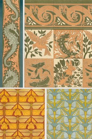Hippocampes et algues, bordure. Les quatre elements, carreaux ceramiques, et lezards, bordure.1897 Oil painting by Maurice Pillard Verneuil