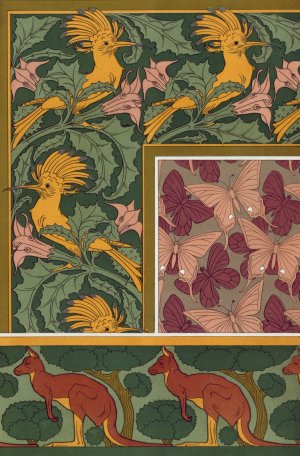Huppes et stramoine, bordure. Papillons, etoffe de soie. Kangourou et arbres, bordure. by Maurice Pillard Verneuil Oil Painting