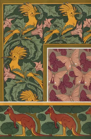 Huppes et stramoine, bordure. Papillons, etoffe de soie. Kangourou et arbres, bordure. by Maurice Pillard Verneuil Oil Painting