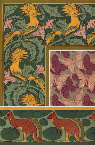 Huppes et stramoine, bordure. Papillons, etoffe de soie. Kangourou et arbres, bordure.  by Maurice Pillard Verneuil - Hand-Painted Oil Painting Reproduction