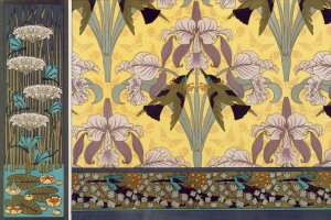 Libellules, butome en ombelle, nenuphars, panneau. Oiseaux-mouches et orchidees, etoffe. Oiseaux-mouches et capillaires, bordure. by Maurice Pillard Verneuil Oil Painting