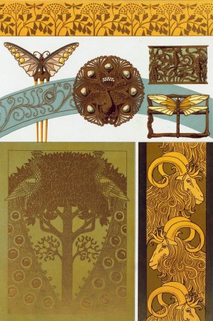 Libellules, fer a dorer; papillon, paon, hippocampes et libellule, bijoux; paons, fer a dorer; chevres, bordure by Maurice Pillard Verneuil Oil Painting