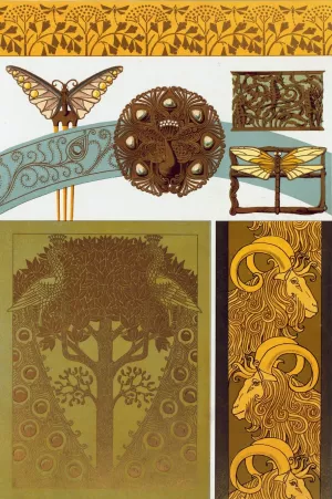 Libellules, fer a dorer; papillon, paon, hippocampes et libellule, bijoux; paons, fer a dorer; chevres, bordure Oil painting by Maurice Pillard Verneuil