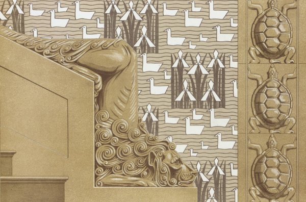 Lion, depart de rampe en pierre pour en escalier monumental. Tortues, carreaux gres. Canards et iris, tenture pour chambre d'enfant.  by Maurice Pillard Verneuil - Hand-Painted Oil Painting Reproduction