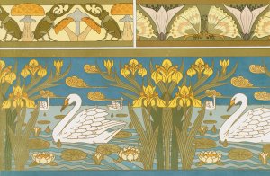 Lucanes et champignons, oxalides et papillons, bordure; cygnes, iris et nenuphars, email cloisonne by Maurice Pillard Verneuil Oil Painting