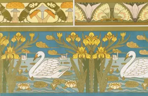 Lucanes et champignons, oxalides et papillons, bordure; cygnes, iris et nenuphars, email cloisonne Oil painting by Maurice Pillard Verneuil