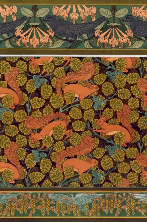 Martinets et chevrefeuille, bordure. ecureuils et noisetier, papier peint. Oiseaux et noisetier en fleur, bordure. by Maurice Pillard Verneuil Oil Painting