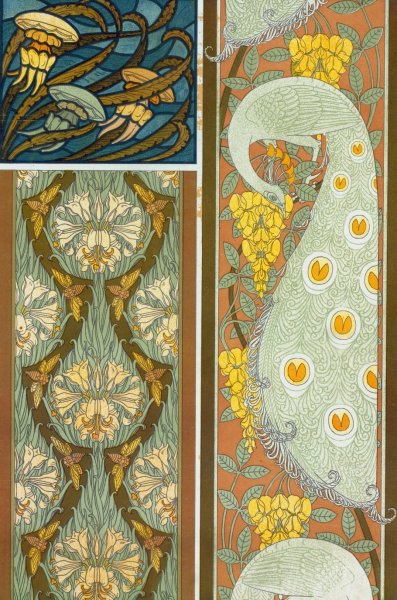 Meduses et algues, vitrail. Cigales et lis, paons et cytise, bordures.  by Maurice Pillard Verneuil - Hand-Painted Oil Painting Reproduction