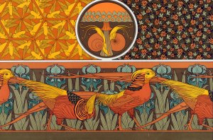 Oiseaux, jeu de fond. Escargots et champignon. Coccinelles et capillaires, etoffe. Faisan dores et iris, bordure. by Maurice Pillard Verneuil Oil Painting