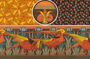 Oiseaux, jeu de fond. Escargots et champignon. Coccinelles et capillaires, etoffe. Faisan dores et iris, bordure. by Maurice Pillard Verneuil Oil Painting
