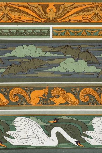 Oiseaux. Libellules. Mouches. Chauve-souris. ecureuils et noisettes. Cygnes, bordures.  by Maurice Pillard Verneuil - Hand-Painted Oil Painting Reproduction