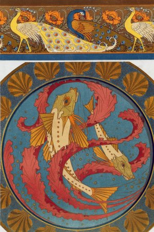 Paons et pavots, bordure. Grondins, algues et coquilles, plat en email cloisonne. by Maurice Pillard Verneuil Oil Painting
