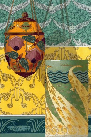 Papillons et pavots, veilleuse emaux translucides. Paons, vase emaux cloisonnes. by Maurice Pillard Verneuil Oil Painting
