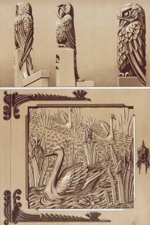 Perroquets, aigle, bois sculpte. Cygnes et iris, porte en bois sculpte. by Maurice Pillard Verneuil Oil Painting