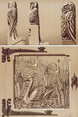 Perroquets, aigle, bois sculpte. Cygnes et iris, porte en bois sculpte. by Maurice Pillard Verneuil Oil Painting