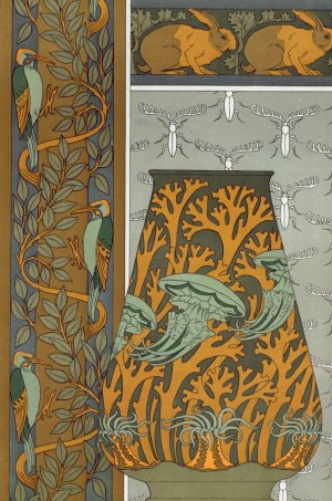 Piverts et arbre, bordure verticale. Lapins et feuilles, bordure. Meduses, anemones de mer et algues, vase. Insectes, jeu de fond. by Maurice Pillard Verneuil Oil Painting