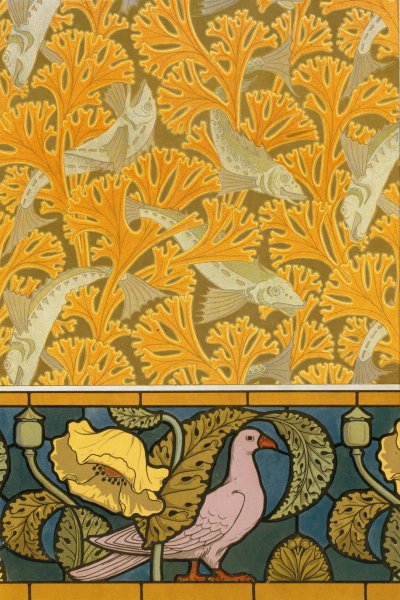 Poisson et algues, papier peint; pigeon et pavots, bordure de vitrail  by Maurice Pillard Verneuil - Hand-Painted Oil Painting Reproduction