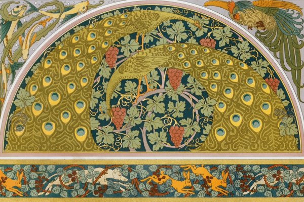 Poissons et algues, coq, ecoincon; paons et vigne; lievres, chiens et ronces, bordure  by Maurice Pillard Verneuil - Hand-Painted Oil Painting Reproduction