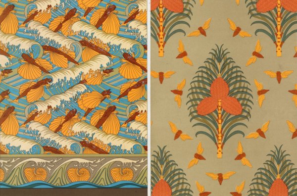 Poissons volants et vagues, papier peint. Cigales et pin, papier peint. Coquilles de nautiles, bordure.  by Maurice Pillard Verneuil - Hand-Painted Oil Painting Reproduction