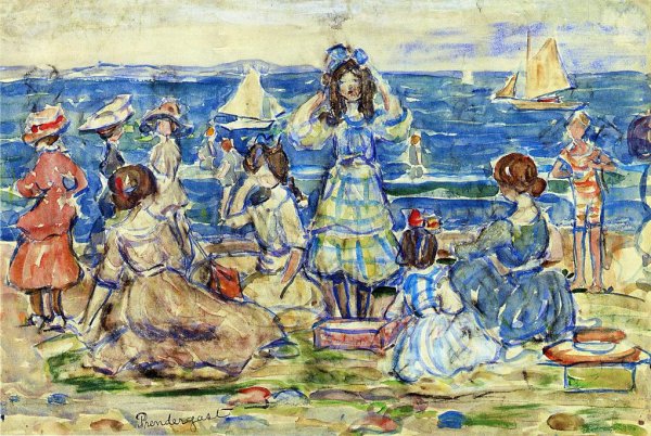 Main Product Photo of Beach Scene with Boats Painting by Maurice Brazil Prendergast