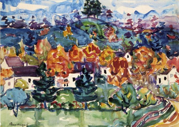 Main Product Photo of Hillside Village Painting by Maurice Brazil Prendergast