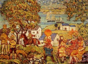 Landscape: Figures, Cottages and Boats by Maurice Brazil Prendergast - Oil Painting Reproduction