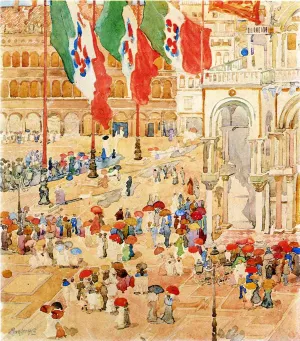 Piazza of St. Marks also known as The Piazza, Flags, Venice by Maurice Brazil Prendergast - Oil Painting Reproduction