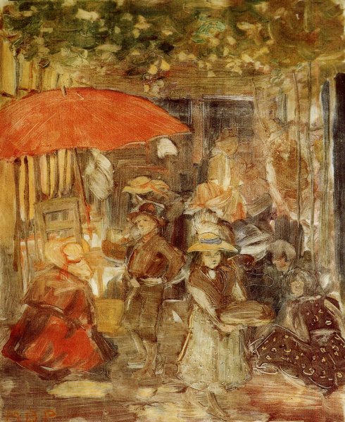 Main Product Photo of Picnic with Red Umbrella Painting by Maurice Brazil Prendergast