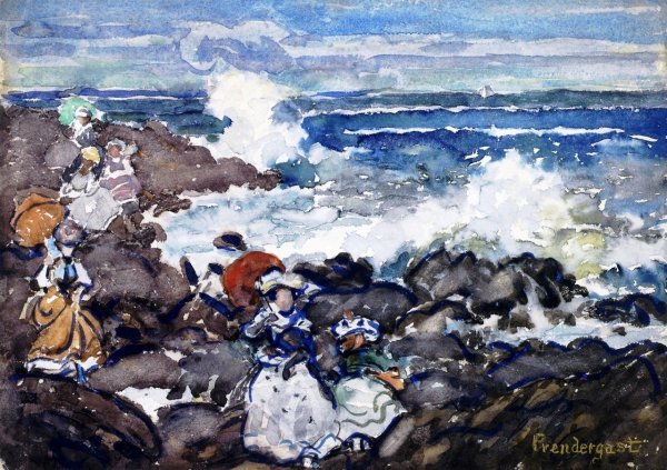 Rocks, Waves and Figures by Maurice Brazil Prendergast - Hand-Painted Oil Painting Reproduction