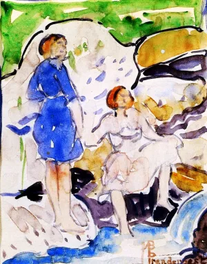 Two Girls by a Waterfall by Maurice Brazil Prendergast Oil Painting