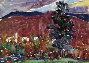 Village Against Purple Mountain by Maurice Brazil Prendergast - Oil Painting Reproduction
