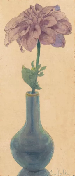 Blauw glazen vaasje met lila Dahlia Oil painting by Maurits Van Der Valk