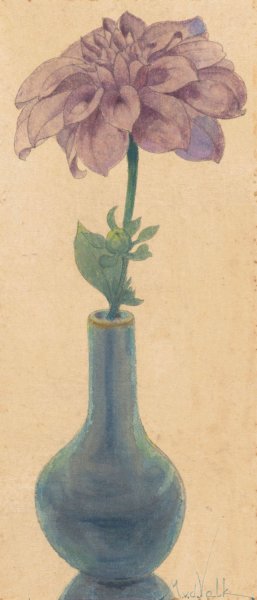 Main Product Photo of Blauw glazen vaasje met lila Dahlia  Painting by Maurits Van Der Valk
