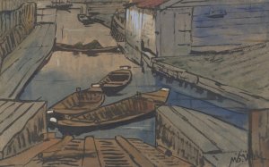 Bootjes in een sloot tussen schuren by Maurits Van Der Valk Oil Painting