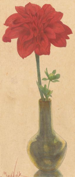 Glazen vaasje met rode Dahlia by Maurits Van Der Valk Oil Painting
