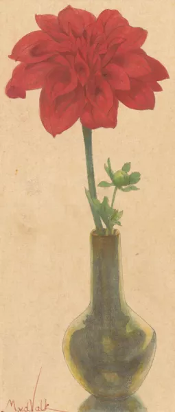 Glazen vaasje met rode Dahlia by Maurits Van Der Valk Oil Painting