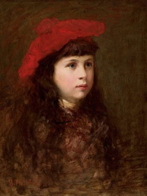 Portrait of a girl in a red beret by Maurycy Trebacz Oil Painting