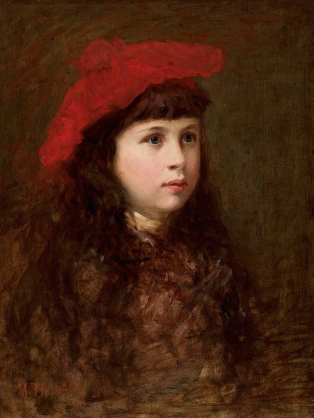 Main Product Photo of Portrait of a girl in a red beret  Painting by Maurycy Trebacz