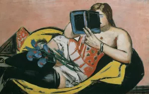 Liegende Frau Mit Buch Und Schwertlilien by Max Beckmann Oil Painting
