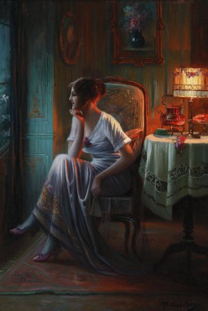 Junge Frau im Lampenschein by Max Carlier Oil Painting