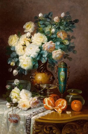 White Roses, Oranges, and Porcelain Urn on Draped Table by Max Carlier Oil Painting