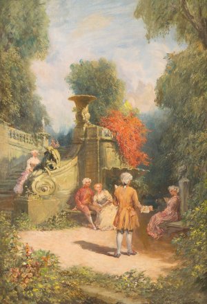 High society in a pleasure garden by Max Friedrich Rabes Oil Painting