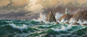 Breaking Waves with Lighthouse in Stormy Weather by Max Jensen Oil Painting