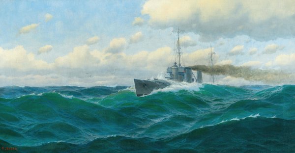 Gunboat on the High Seas by Max Jensen - Hand-Painted Oil Painting Reproduction