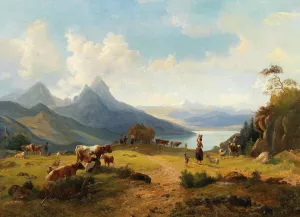 An Idyllic Mountain Landscape with a Herd of Animals and Shepherds by Max Joseph Wagenbauer An Idyllic Mountain Landscape with a Herd of Animals and Shepherds Oil painting by Max Joseph Wagenbauer