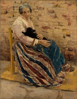 An Old Woman with Cat by Max Liebermann Oil Painting