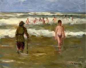 Boys Bathing with Beach Warden by Max Liebermann Oil Painting