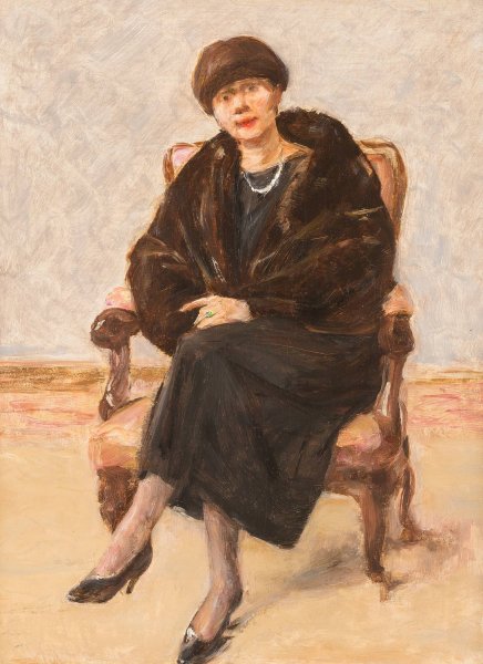 Portrait of Lola Leder in fur coat, sitting  by Max Liebermann - Hand-Painted Oil Painting Reproduction