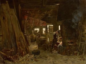 Zimmermannswerkstatt - Die Familie des Holzhackers by Max Liebermann Oil Painting