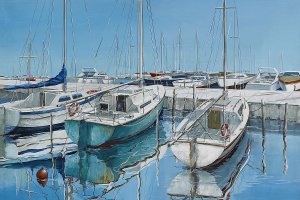 Anchored Boats on Pier Oil painting by Max Maxx